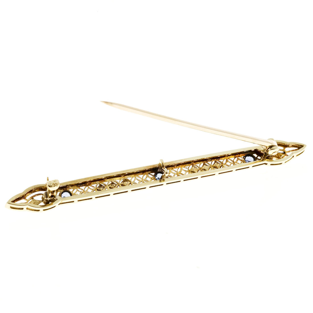Vintage 1900s Yogo Montana No Heat Sapphire Pearl 14k Yellow Gold Platinum Pin – image 5