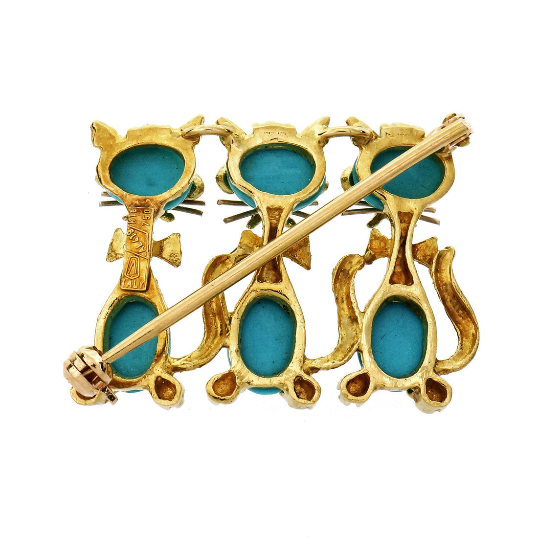 Turquoise Ruby Yellow Gold Three Cat Brooch – image 2