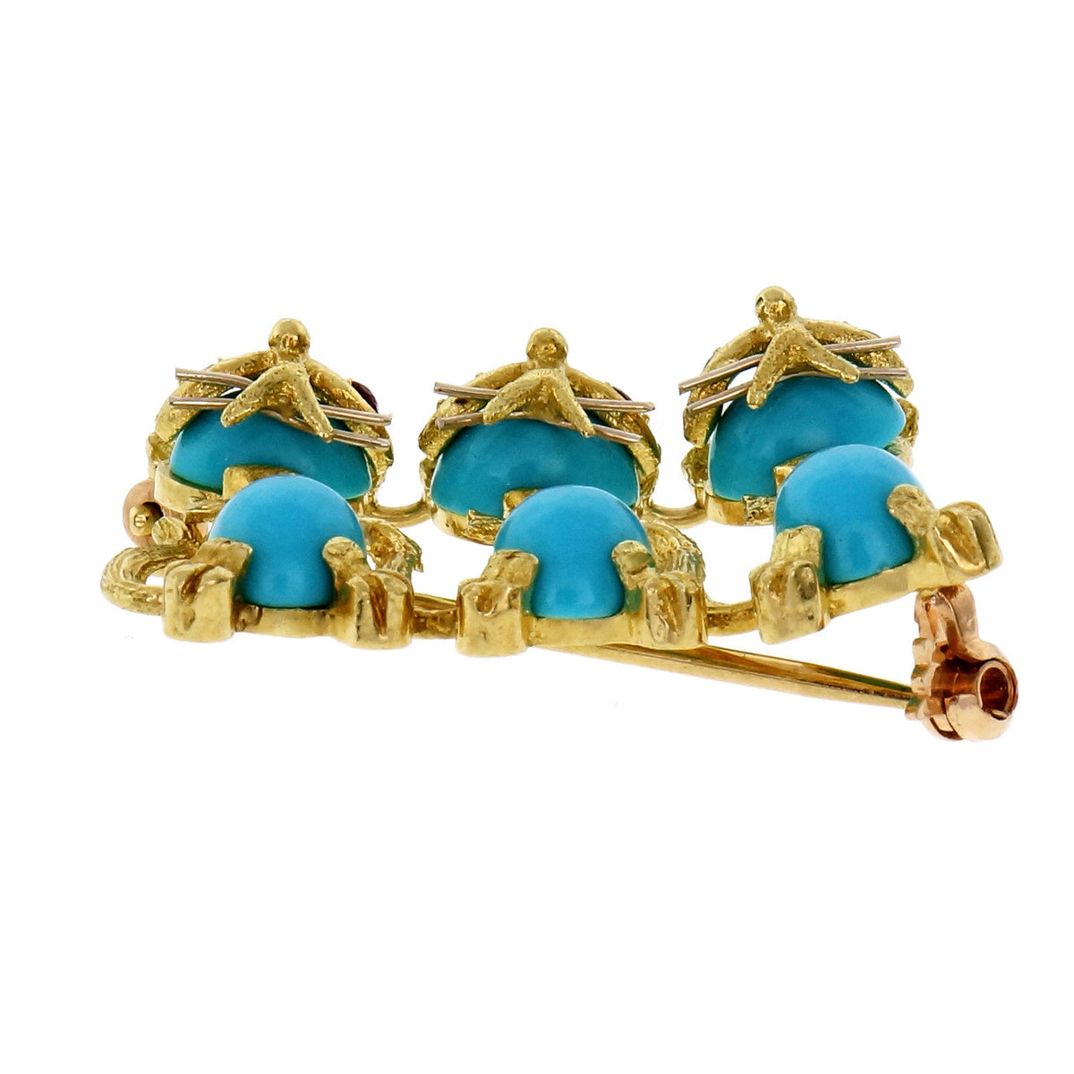 Turquoise Ruby Yellow Gold Three Cat Brooch – image 3