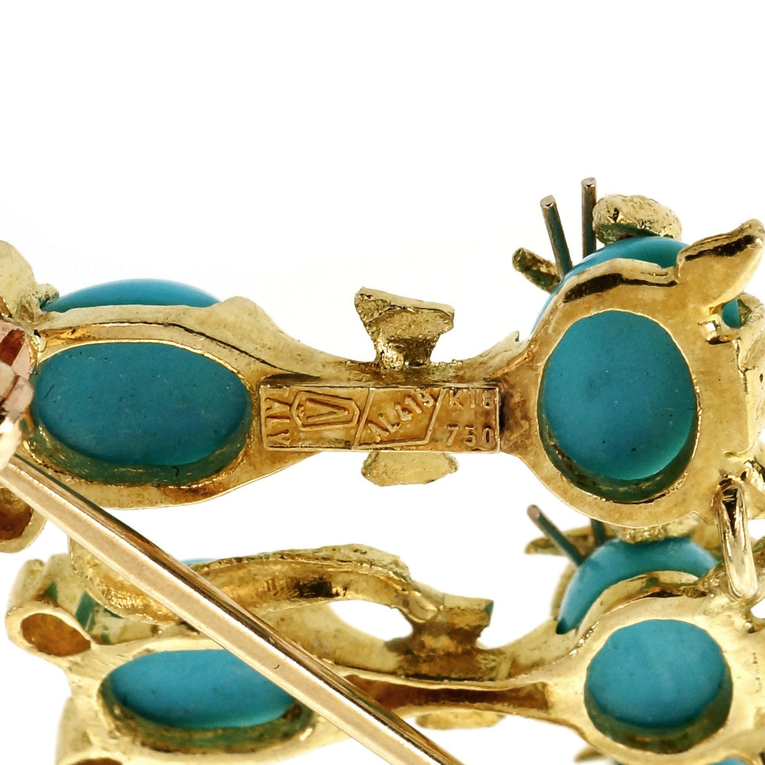 Turquoise Ruby Yellow Gold Three Cat Brooch – image 4