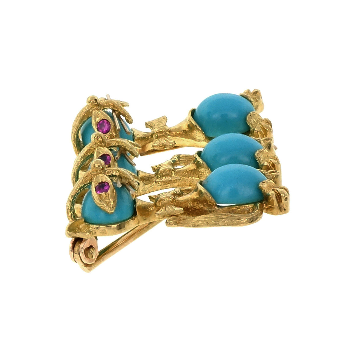 Turquoise Ruby Yellow Gold Three Cat Brooch – image 5