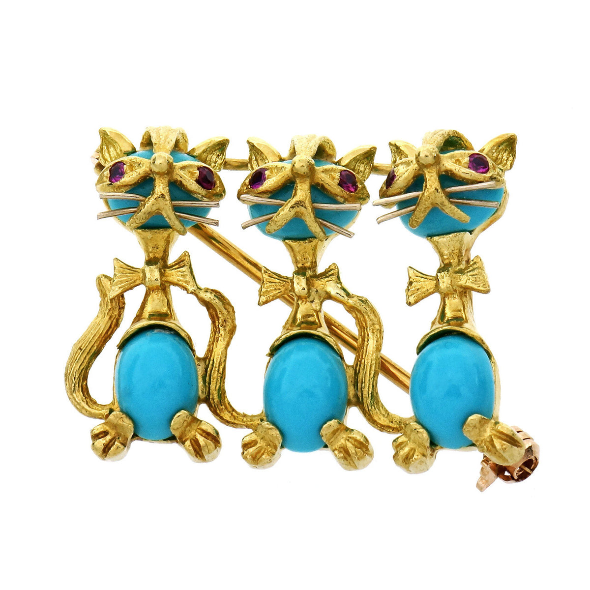 Turquoise Ruby Yellow Gold Three Cat Brooch