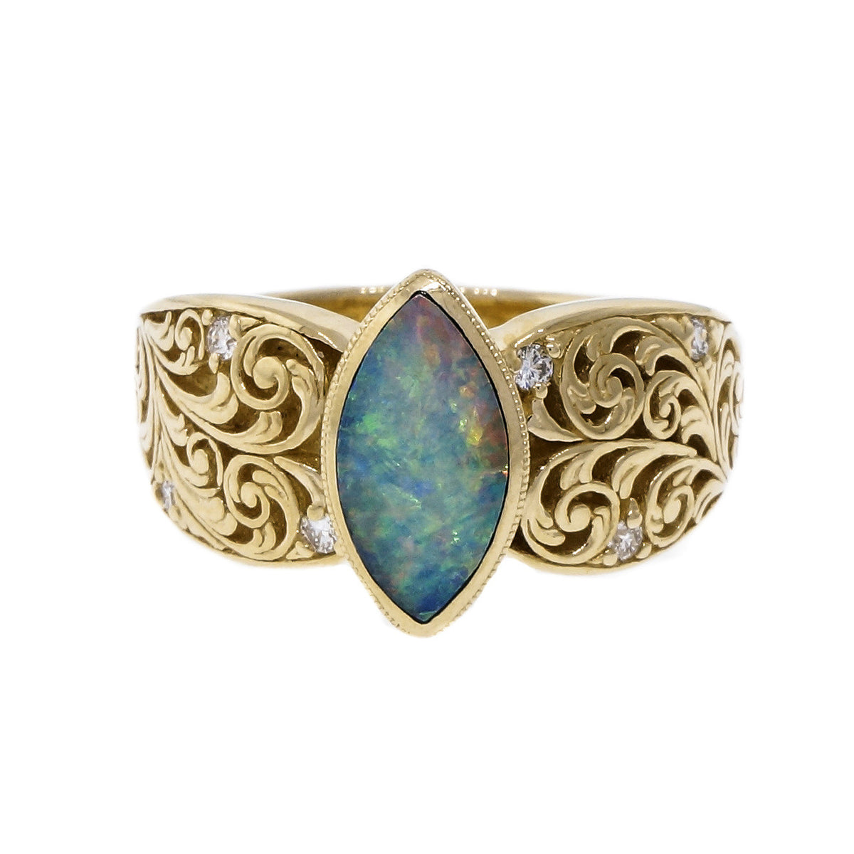 Kabana Marquise Opal Diamond Ring 14k Yellow Gold