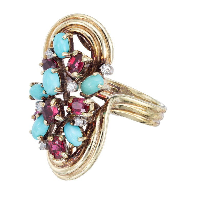 4.08 Carat Turquoise Ruby Diamond Gold Midcentury Cocktail Ring – image 2