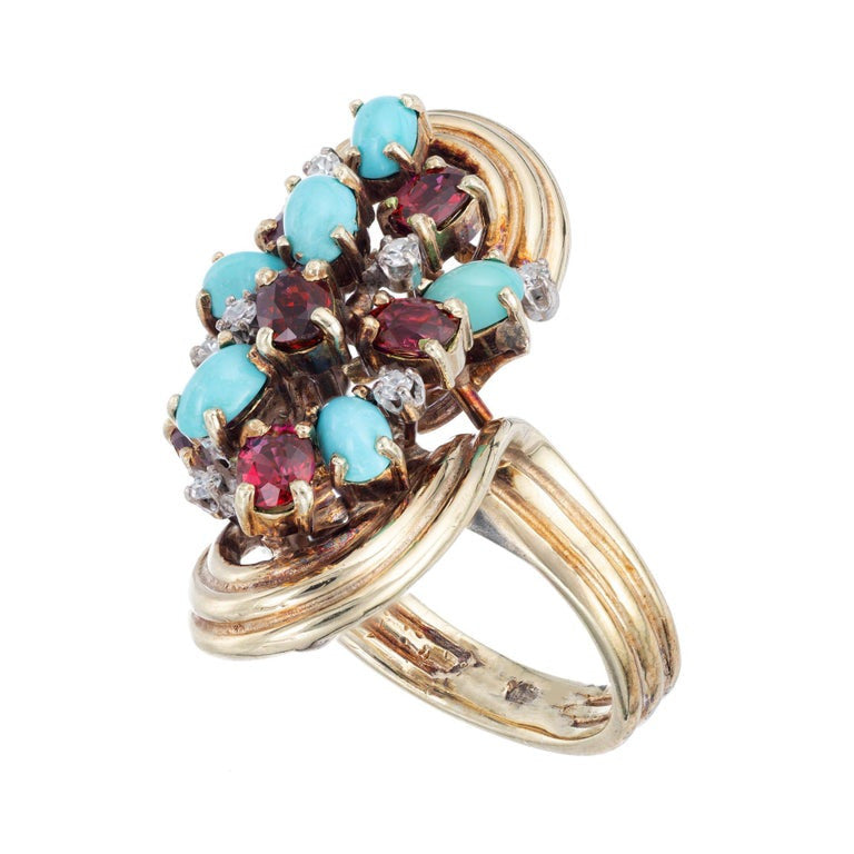 4.08 Carat Turquoise Ruby Diamond Gold Midcentury Cocktail Ring – image 6