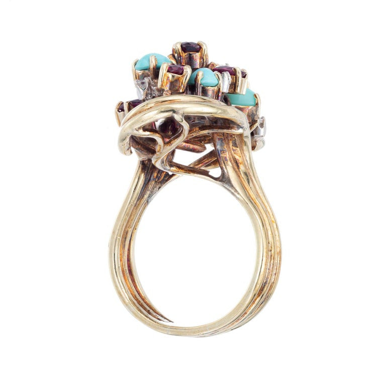 4.08 Carat Turquoise Ruby Diamond Gold Midcentury Cocktail Ring – image 4