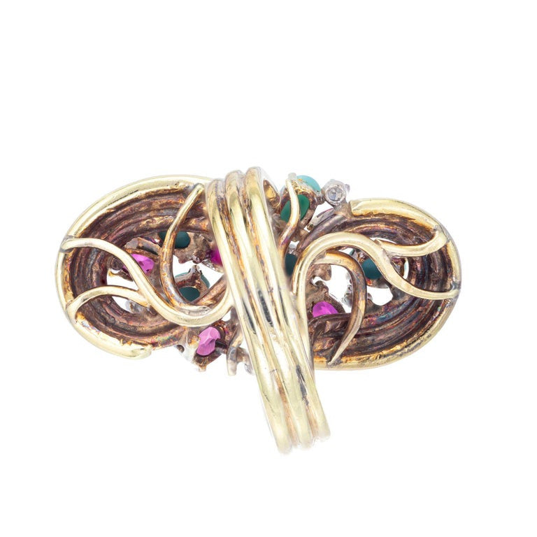 4.08 Carat Turquoise Ruby Diamond Gold Midcentury Cocktail Ring – image 5