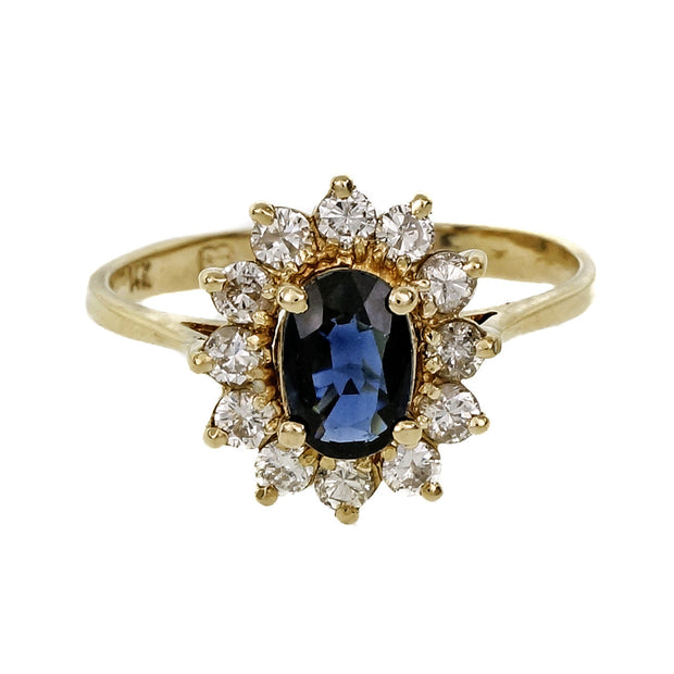 Estate Classic Oval Sapphire Cluster Ring 14k Yellow Gold Diamond