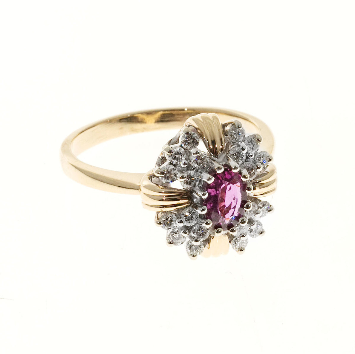 Estate 1960 14k Two Tone White & Yellow Gold Oval Red Ruby & Round Diamond Ring – image 3