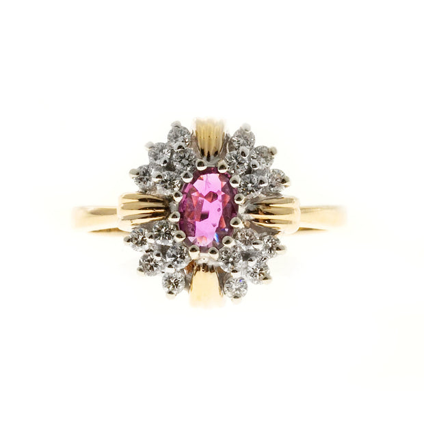 Estate 1960 14k Two Tone White & Yellow Gold Oval Red Ruby & Round Diamond Ring