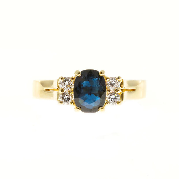 Estate 1960 18k Yellow Gold Oval Royal Blue Sapphire 4 White Round Diamond Ring