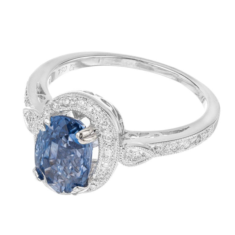 GIA 2.52 Carat Oval Ceylon Sapphire Diamond Halo White Gold Engagement Ring – image 5