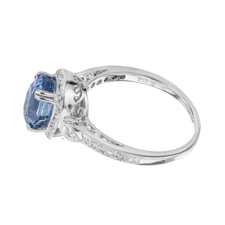 GIA 2.52 Carat Oval Ceylon Sapphire Diamond Halo White Gold Engagement Ring – image 3