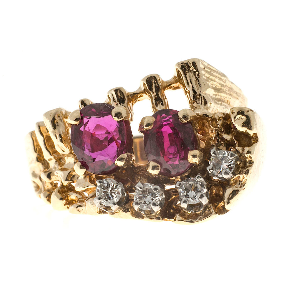 Estate Textured 14k Yellow Gold 1950s Oval Red Ruby & White Round Diamond Ring – image 2