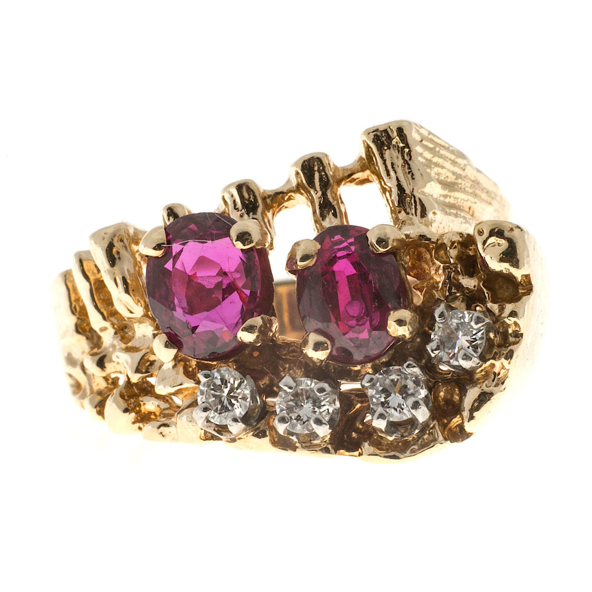 Estate Textured 14k Yellow Gold 1950s Oval Red Ruby & White Round Diamond Ring