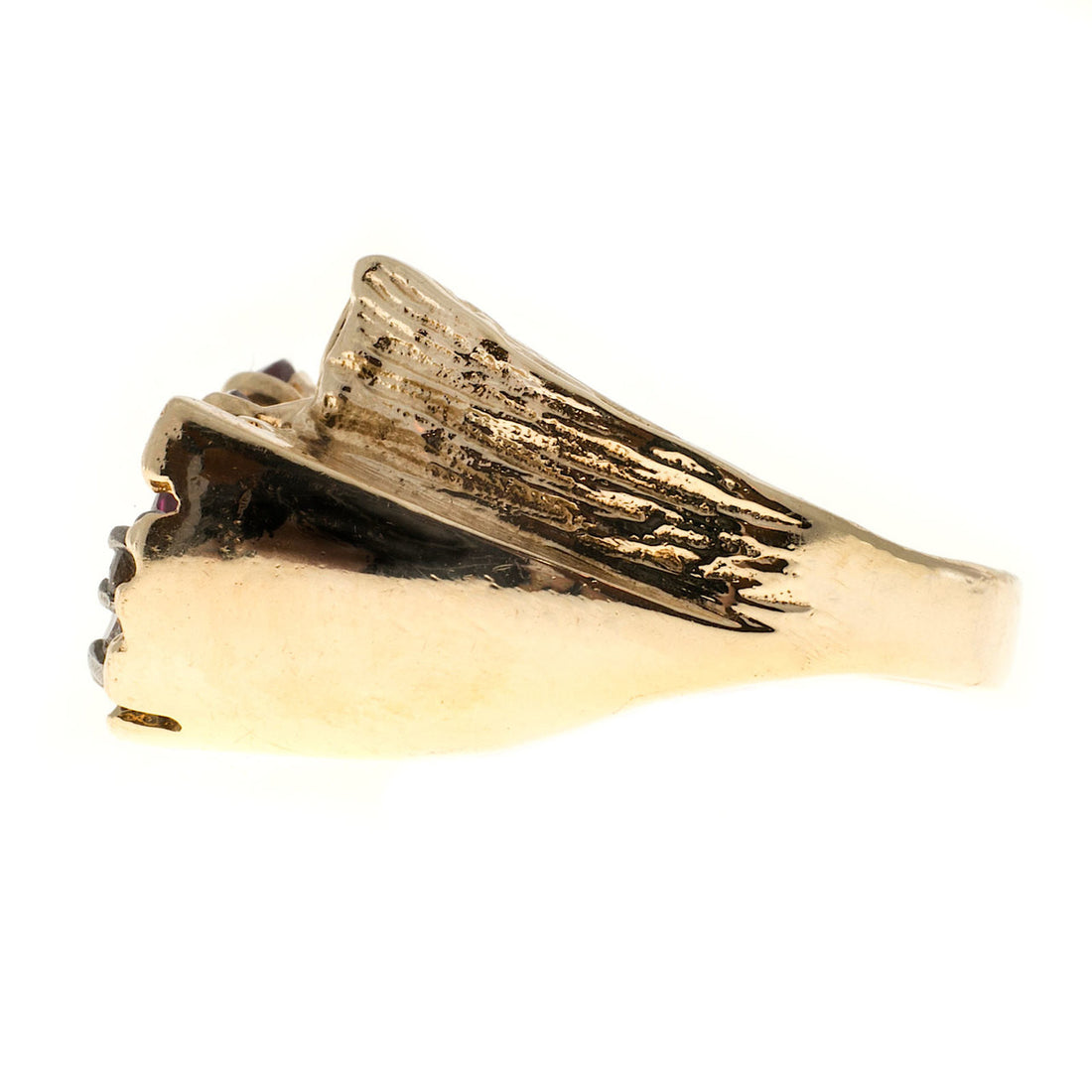 Estate Textured 14k Yellow Gold 1950s Oval Red Ruby & White Round Diamond Ring – image 3