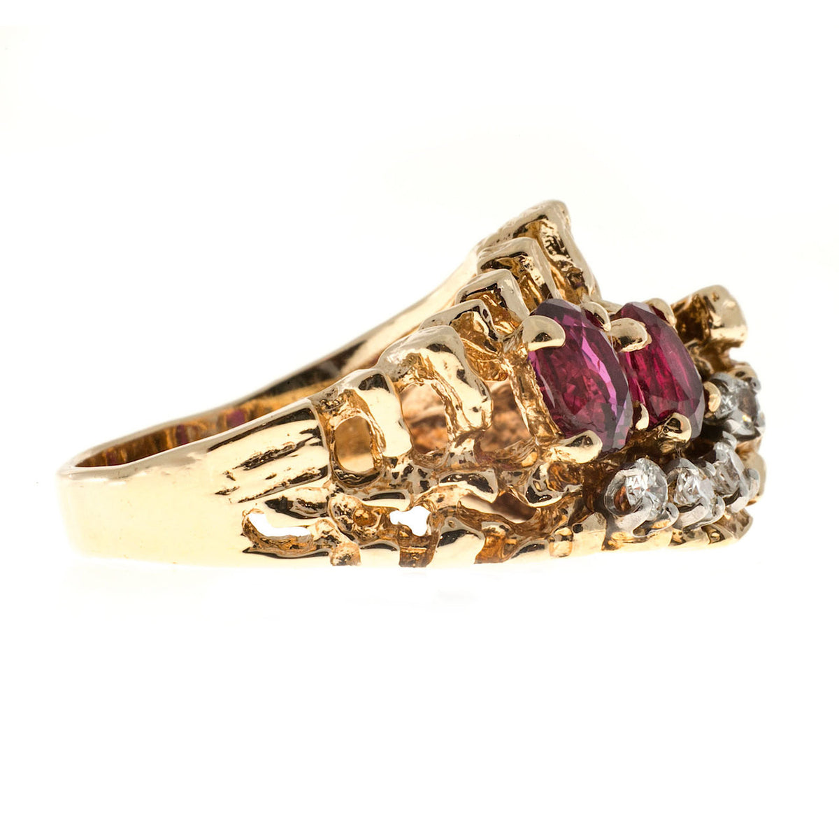 Estate Textured 14k Yellow Gold 1950s Oval Red Ruby & White Round Diamond Ring – image 4