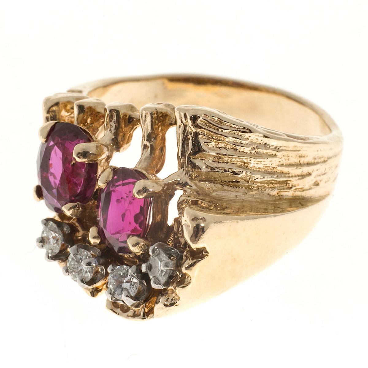 Estate Textured 14k Yellow Gold 1950s Oval Red Ruby & White Round Diamond Ring – image 5