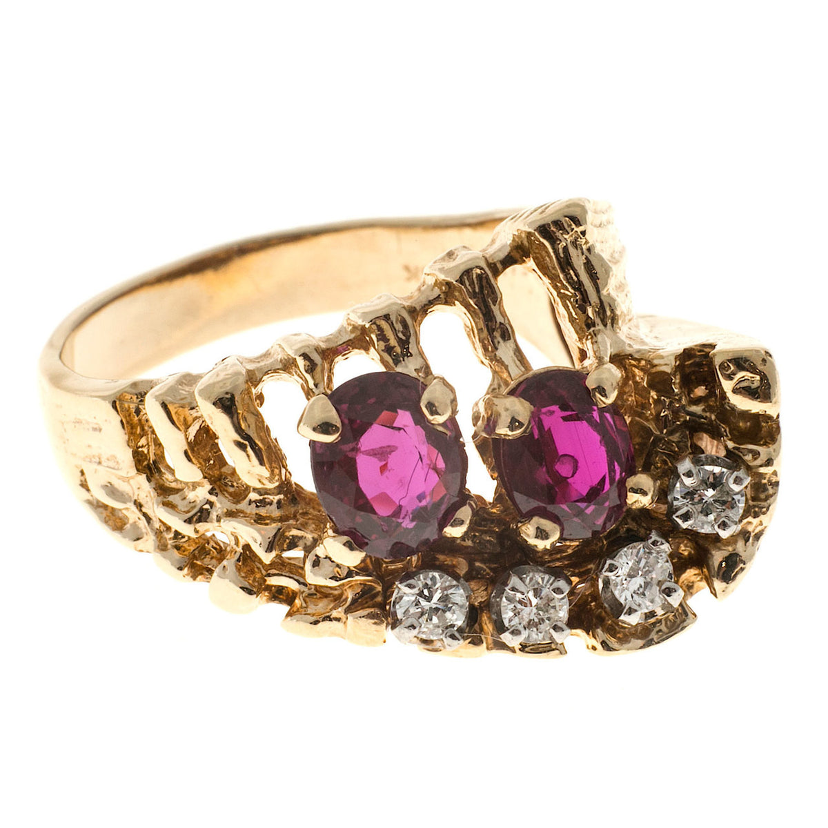 Estate Textured 14k Yellow Gold 1950s Oval Red Ruby & White Round Diamond Ring – image 6