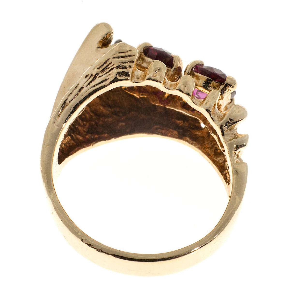 Estate Textured 14k Yellow Gold 1950s Oval Red Ruby & White Round Diamond Ring – image 7
