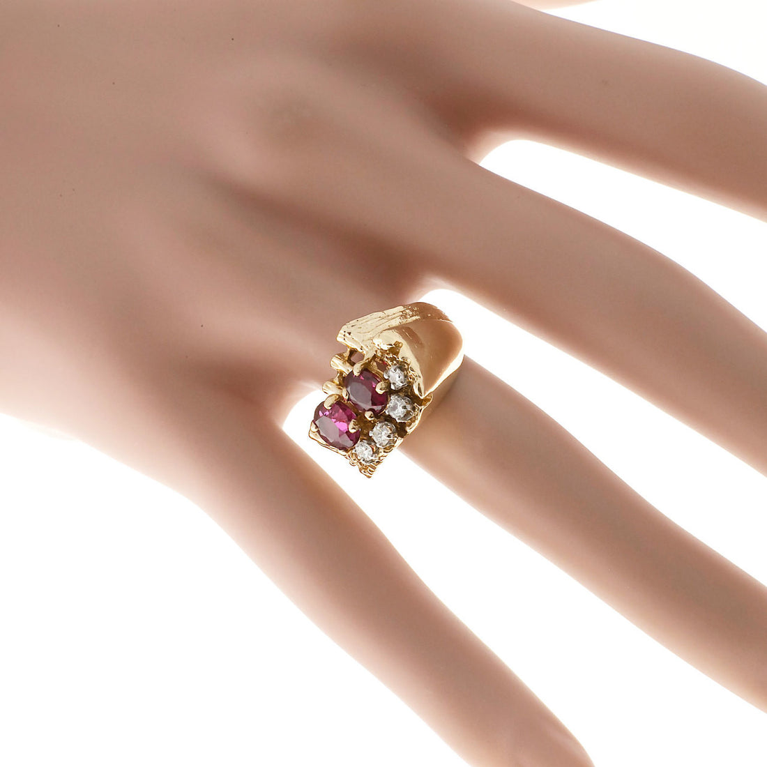 Estate Textured 14k Yellow Gold 1950s Oval Red Ruby & White Round Diamond Ring – image 8