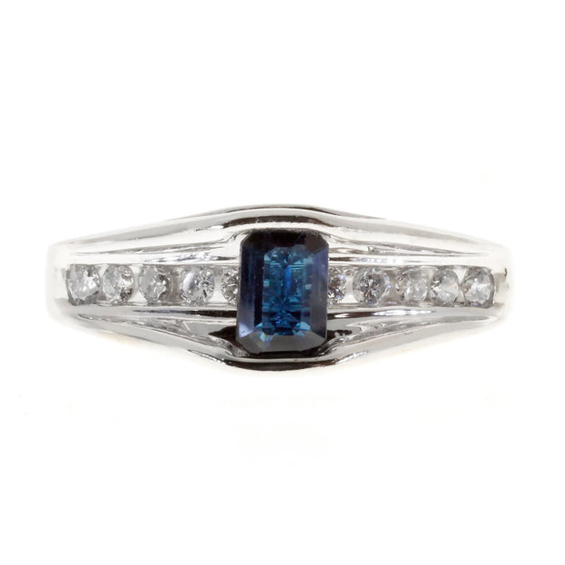 Estate Emerald Cut Blue Sapphire & White Channel Set Diamond 14k White Gold Ring