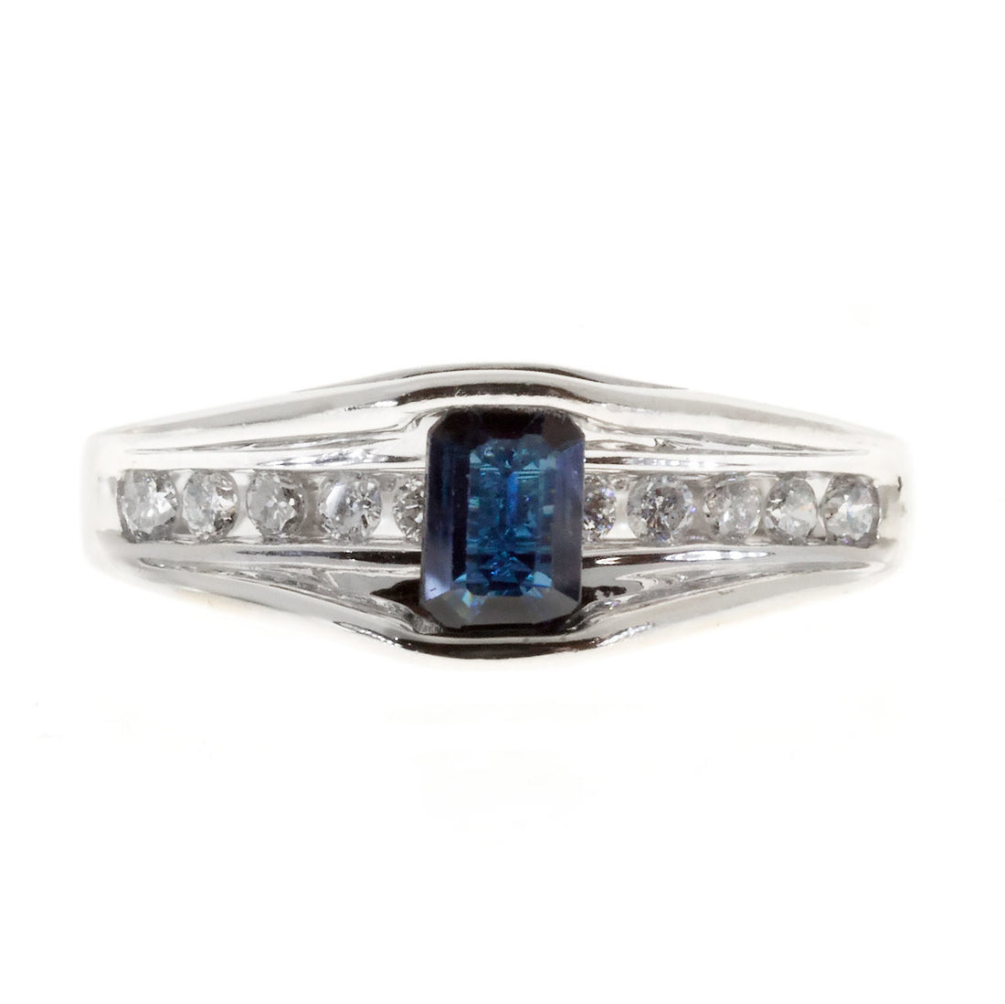 Estate Emerald Cut Blue Sapphire & White Channel Set Diamond 14k White Gold Ring – image 2