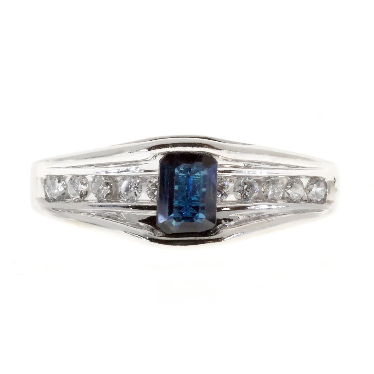 Estate Emerald Cut Blue Sapphire & White Channel Set Diamond 14k White Gold Ring – image 2