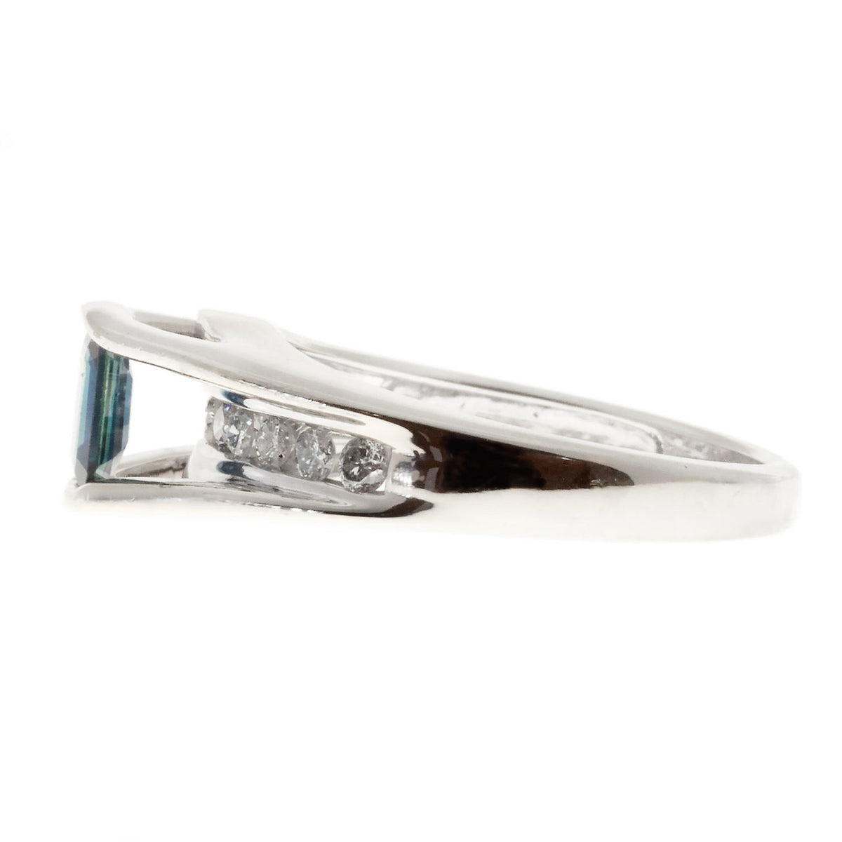 Estate Emerald Cut Blue Sapphire & White Channel Set Diamond 14k White Gold Ring – image 3