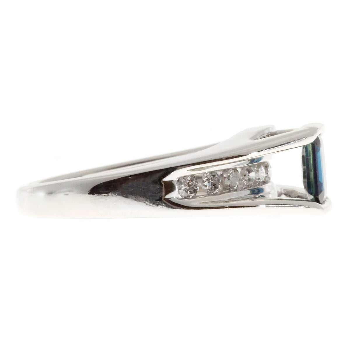 Estate Emerald Cut Blue Sapphire & White Channel Set Diamond 14k White Gold Ring – image 4