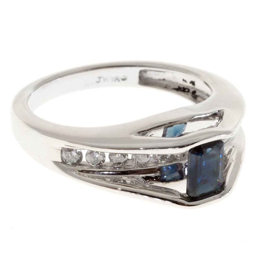 Estate Emerald Cut Blue Sapphire & White Channel Set Diamond 14k White Gold Ring – image 5