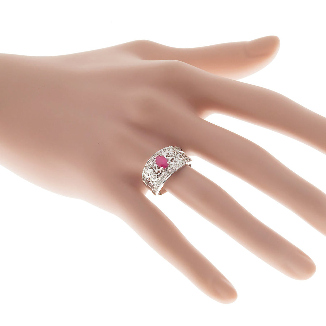 Estate 14k White Gold Oval Red Ruby And Round Diamond Pierced Tapered Ring – image 2