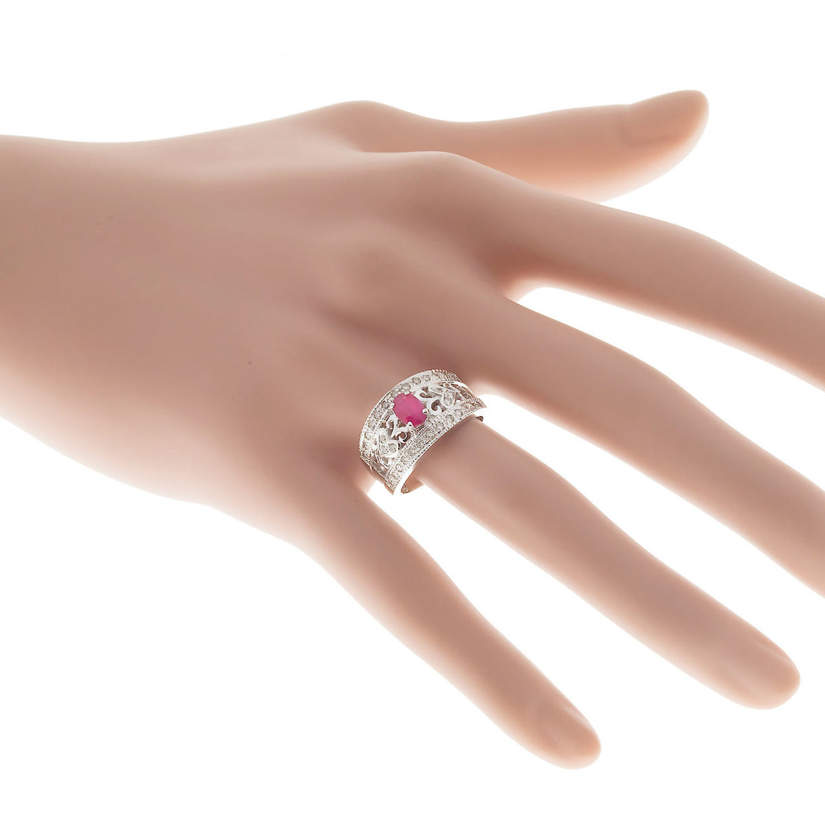 Estate 14k White Gold Oval Red Ruby And Round Diamond Pierced Tapered Ring – image 2