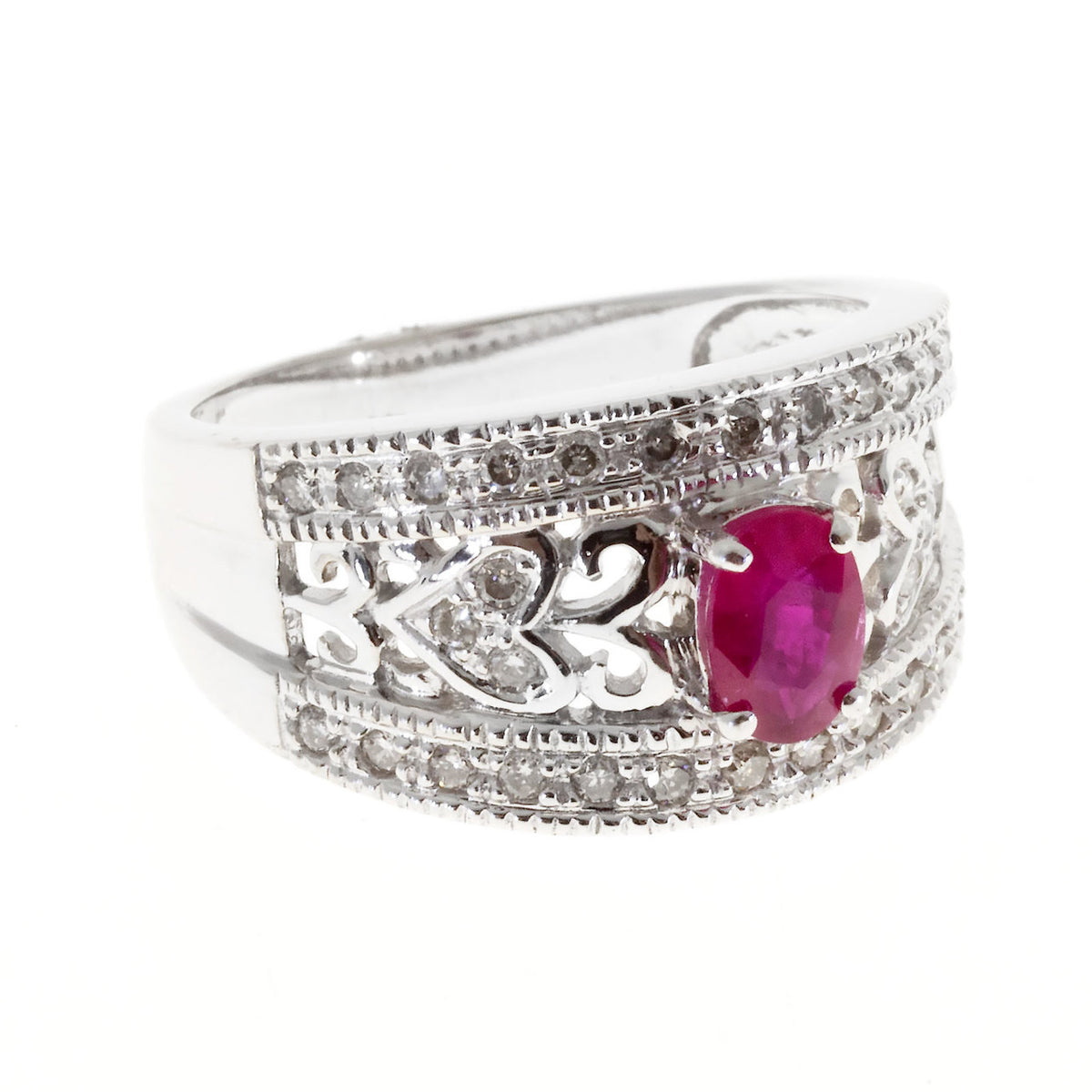 Estate 14k White Gold Oval Red Ruby And Round Diamond Pierced Tapered Ring – image 3