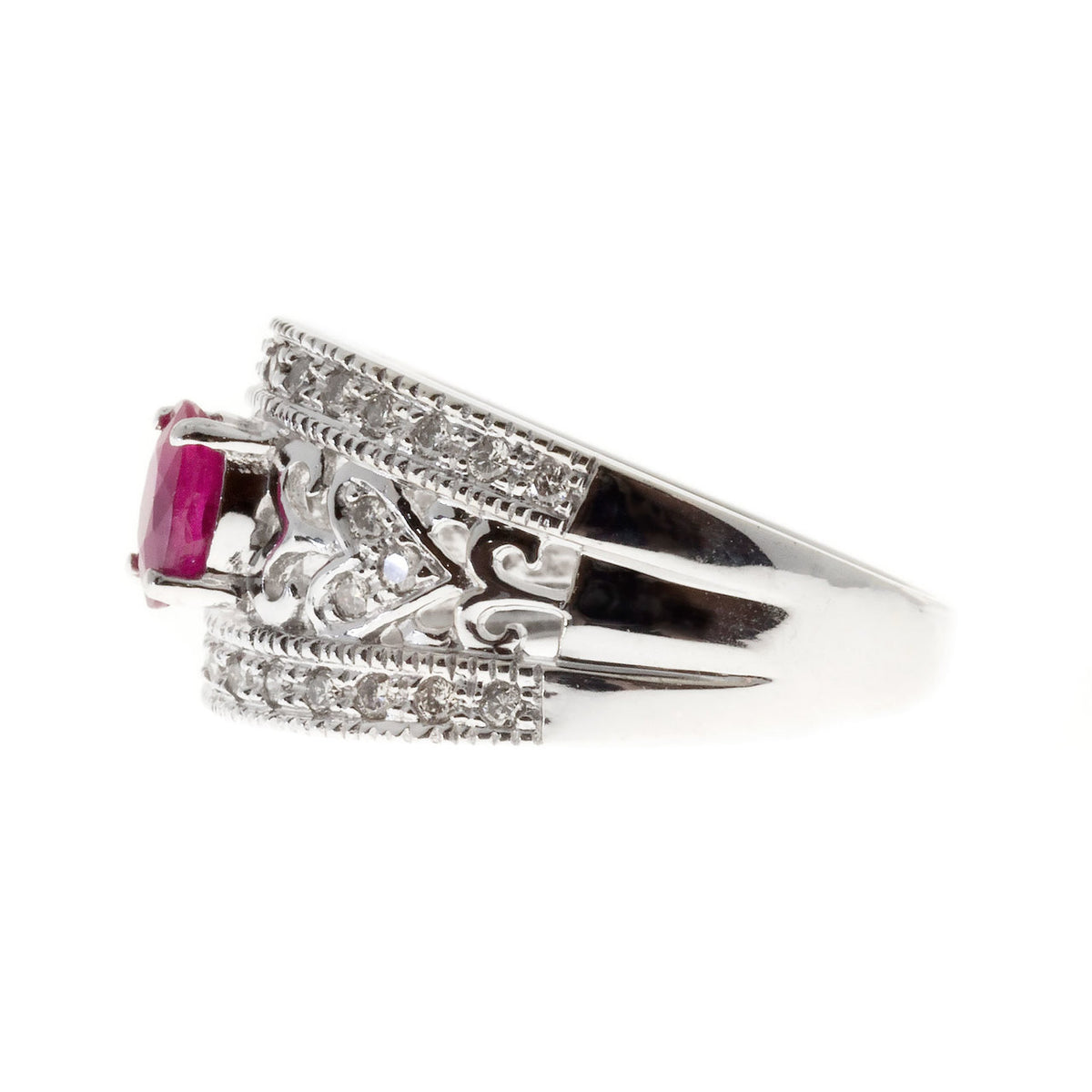 Estate 14k White Gold Oval Red Ruby And Round Diamond Pierced Tapered Ring – image 5