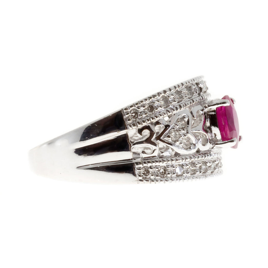 Estate 14k White Gold Oval Red Ruby And Round Diamond Pierced Tapered Ring – image 6