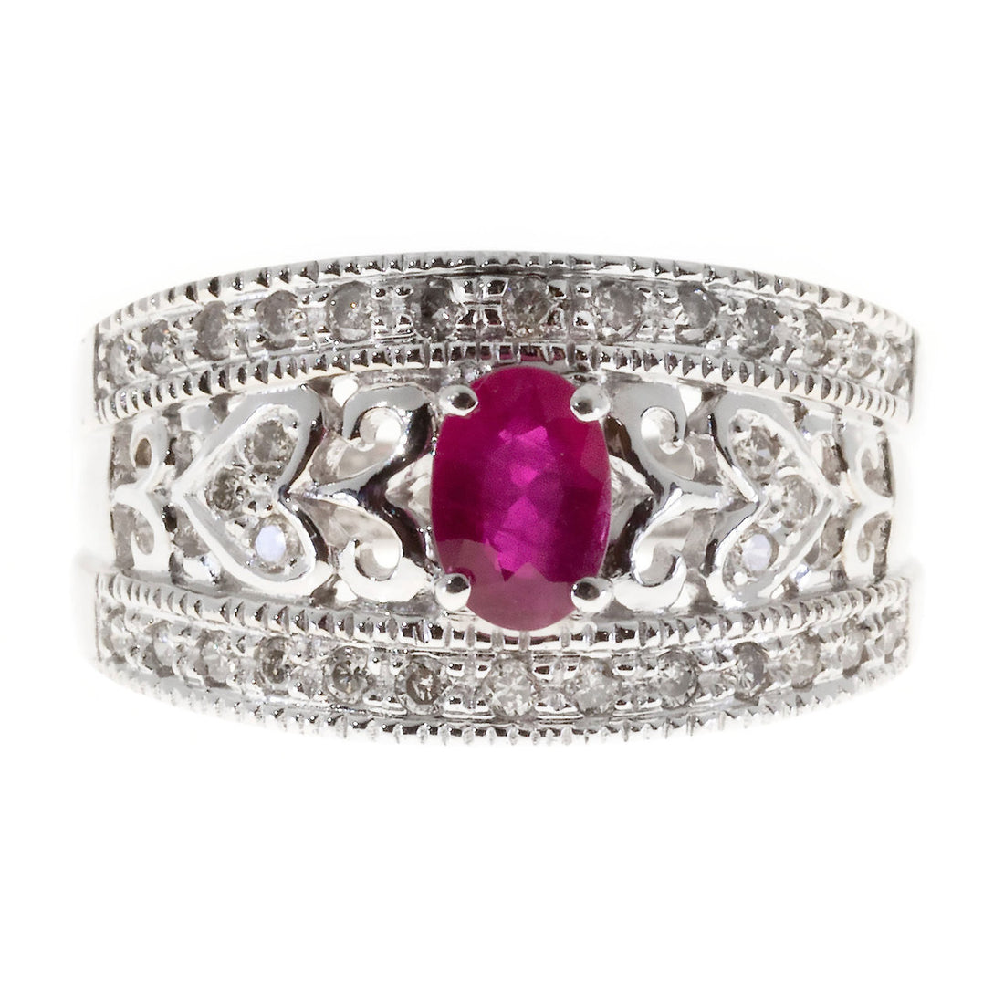 Estate 14k White Gold Oval Red Ruby And Round Diamond Pierced Tapered Ring – image 7