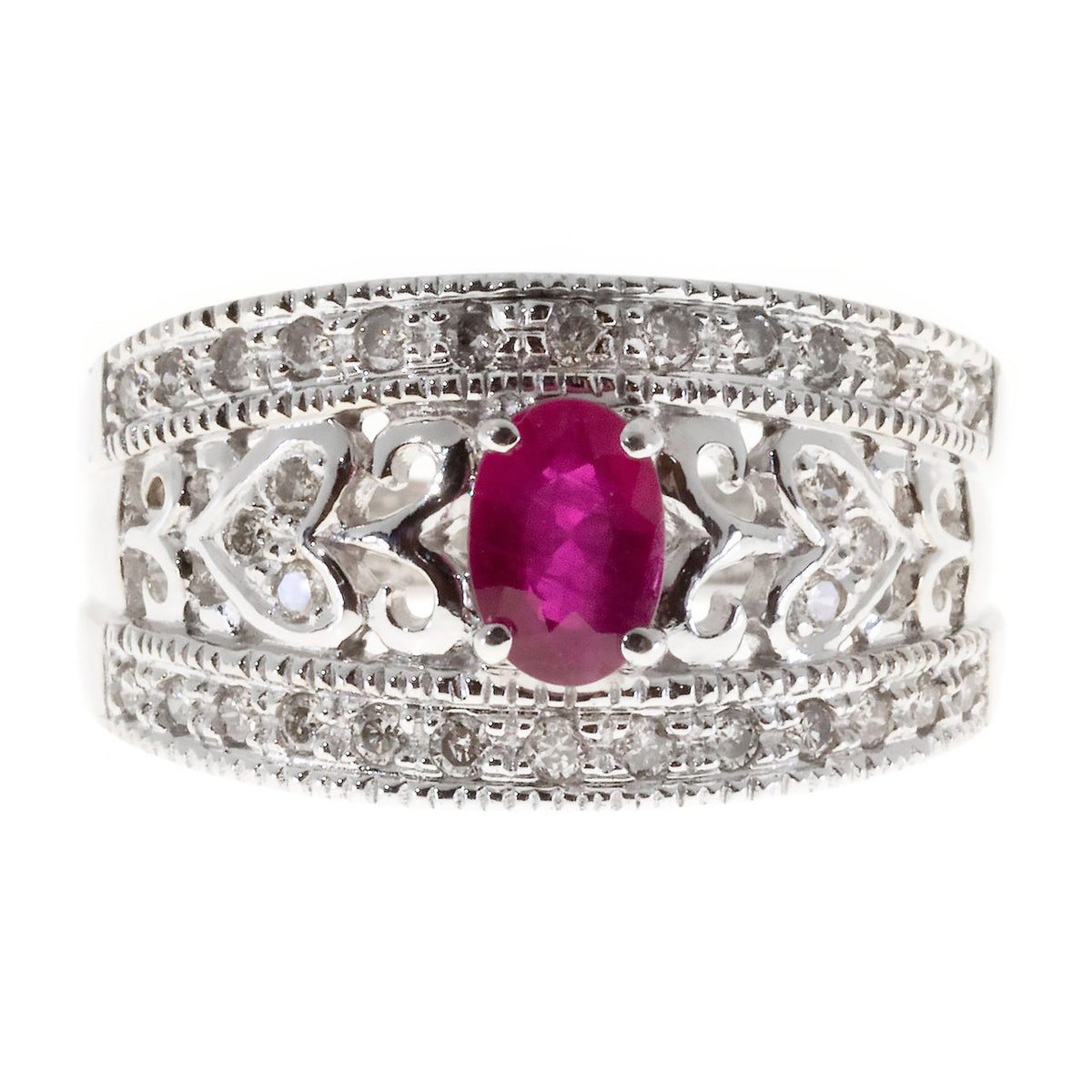 Estate 14k White Gold Oval Red Ruby And Round Diamond Pierced Tapered Ring – image 7
