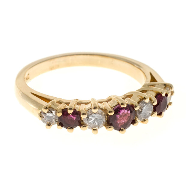 Estate 14k Yellow Gold Raised Prong Round Red Ruby Bright White Diamond Ring
