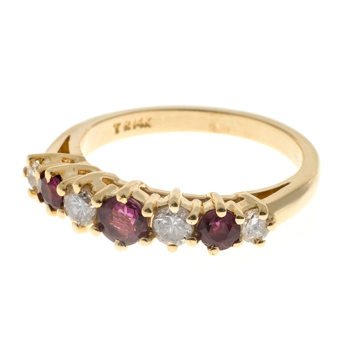Estate 14k Yellow Gold Raised Prong Round Red Ruby Bright White Diamond Ring – image 6