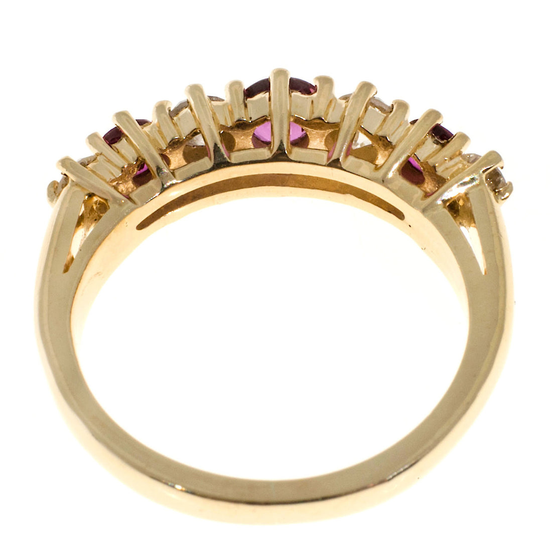 Estate 14k Yellow Gold Raised Prong Round Red Ruby Bright White Diamond Ring – image 7
