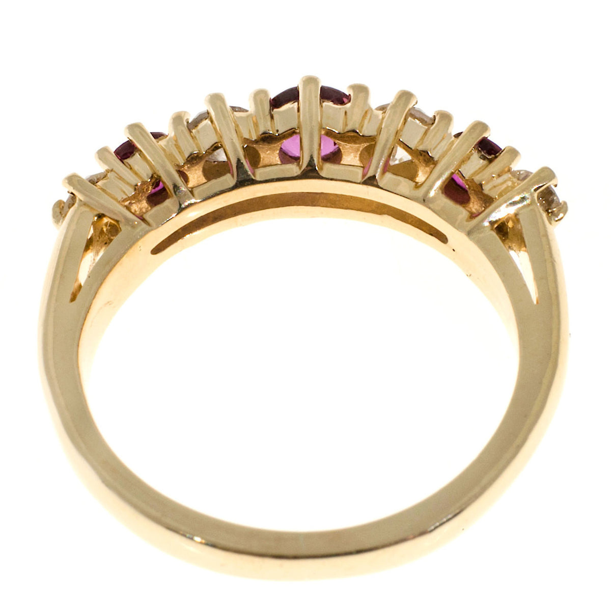 Estate 14k Yellow Gold Raised Prong Round Red Ruby Bright White Diamond Ring – image 7