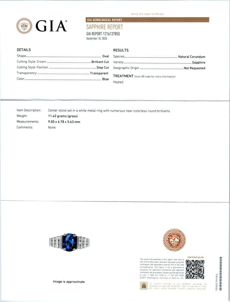 GIA Certified 2.79 Carat Blue Oval Sapphire Diamond Platinum Engagement Ring – image 3