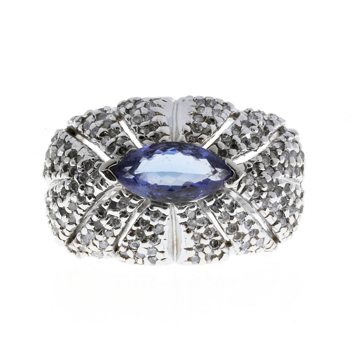 Estate Dome 1.00ct Marquise Tanzanite 14k White Gold Open Work Pave Diamond Ring