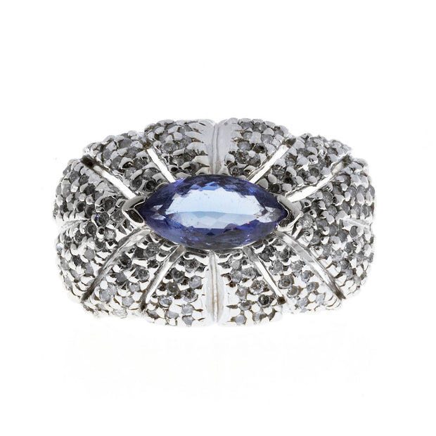 Estate Dome 1.00ct Marquise Tanzanite 14k White Gold Open Work Pave Diamond Ring