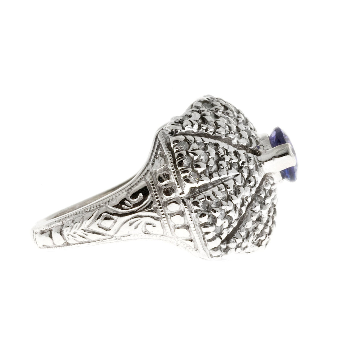 Estate Dome 1.00ct Marquise Tanzanite 14k White Gold Open Work Pave Diamond Ring – image 2
