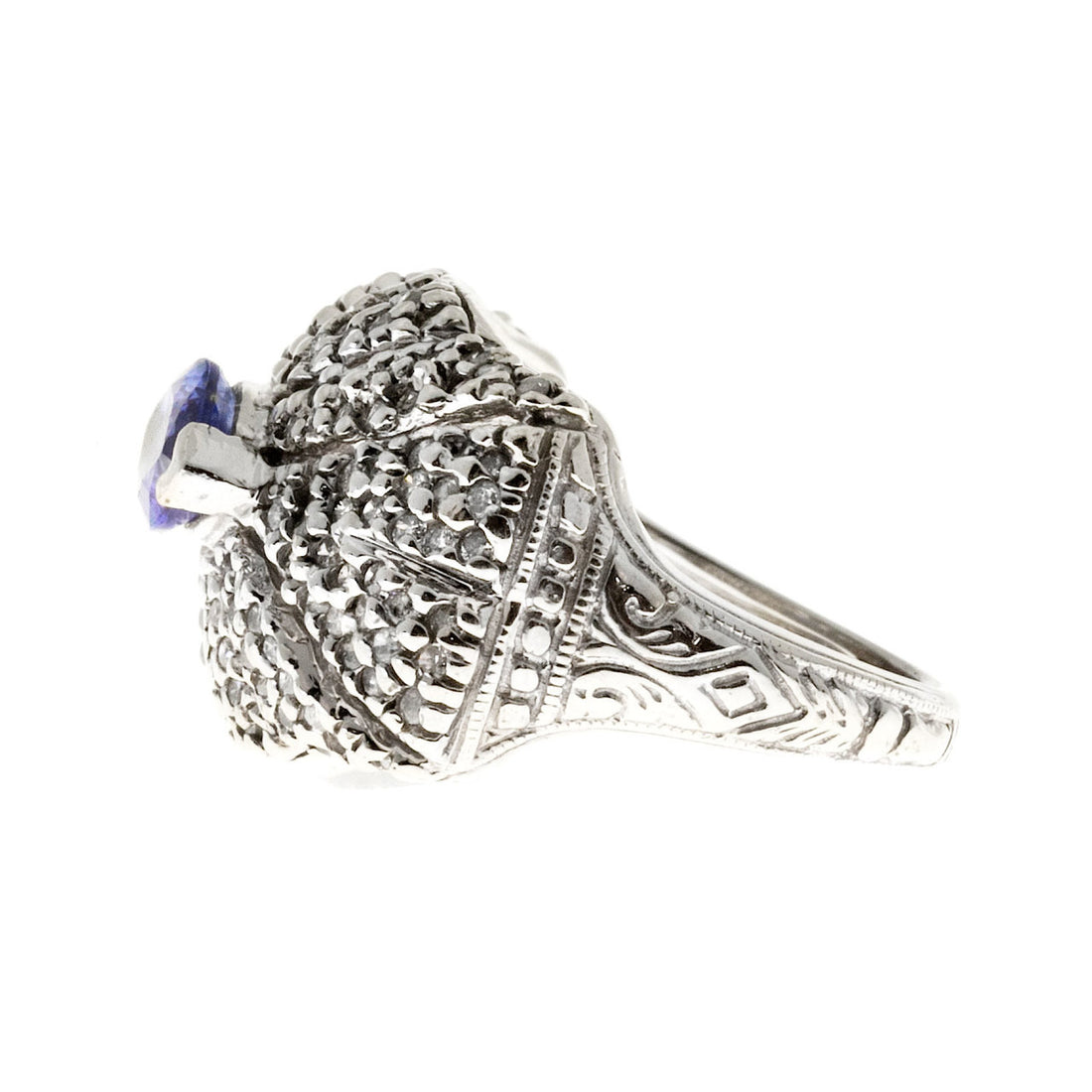 Estate Dome 1.00ct Marquise Tanzanite 14k White Gold Open Work Pave Diamond Ring – image 3