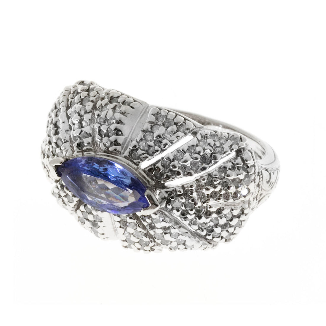 Estate Dome 1.00ct Marquise Tanzanite 14k White Gold Open Work Pave Diamond Ring – image 4
