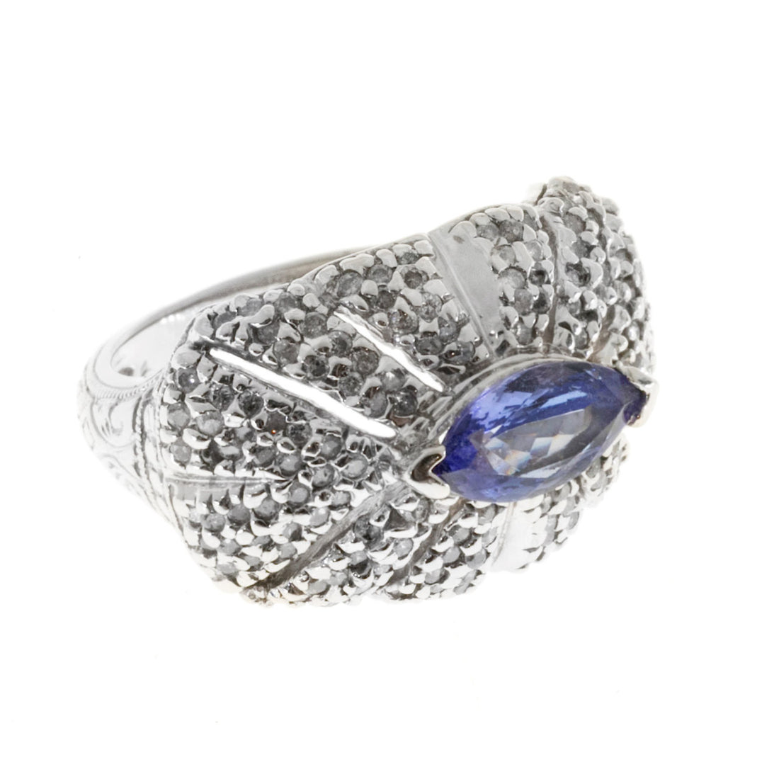 Estate Dome 1.00ct Marquise Tanzanite 14k White Gold Open Work Pave Diamond Ring – image 5
