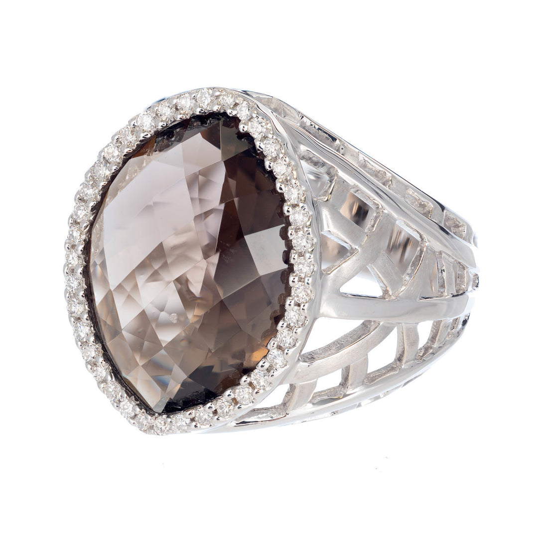 Estate Dramatic Faceted 12.14ct Marquise Smoky Topaz 38 Diamond White Gold Ring – image 2